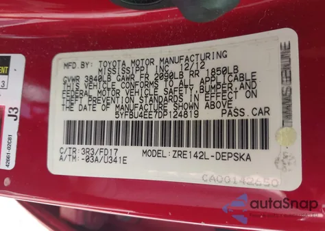 2013 Toyota Corolla S z USA, uszkodzony, nr VIN 5YFBU4EE7DP124819